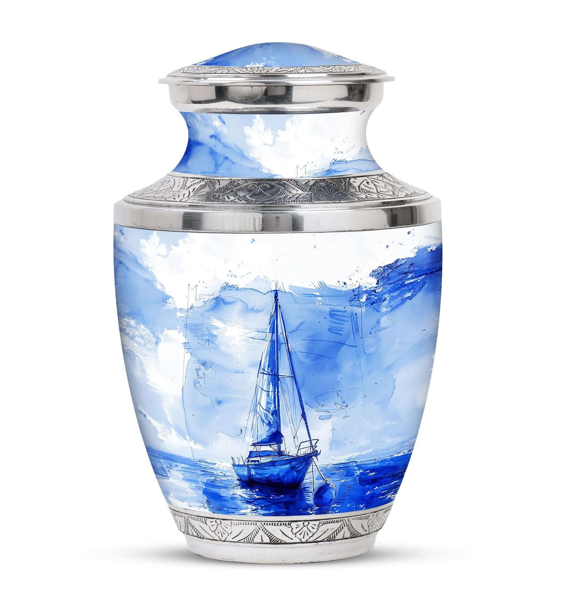 Sailboat Artistic Cremation Urn – Blue Large Human Ashes Urn