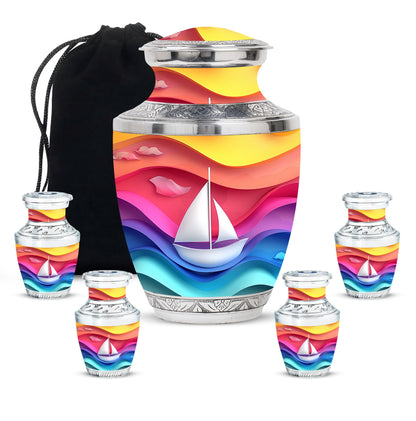 Sail Boat Theme Large Urn With 4 Keepsake Urn