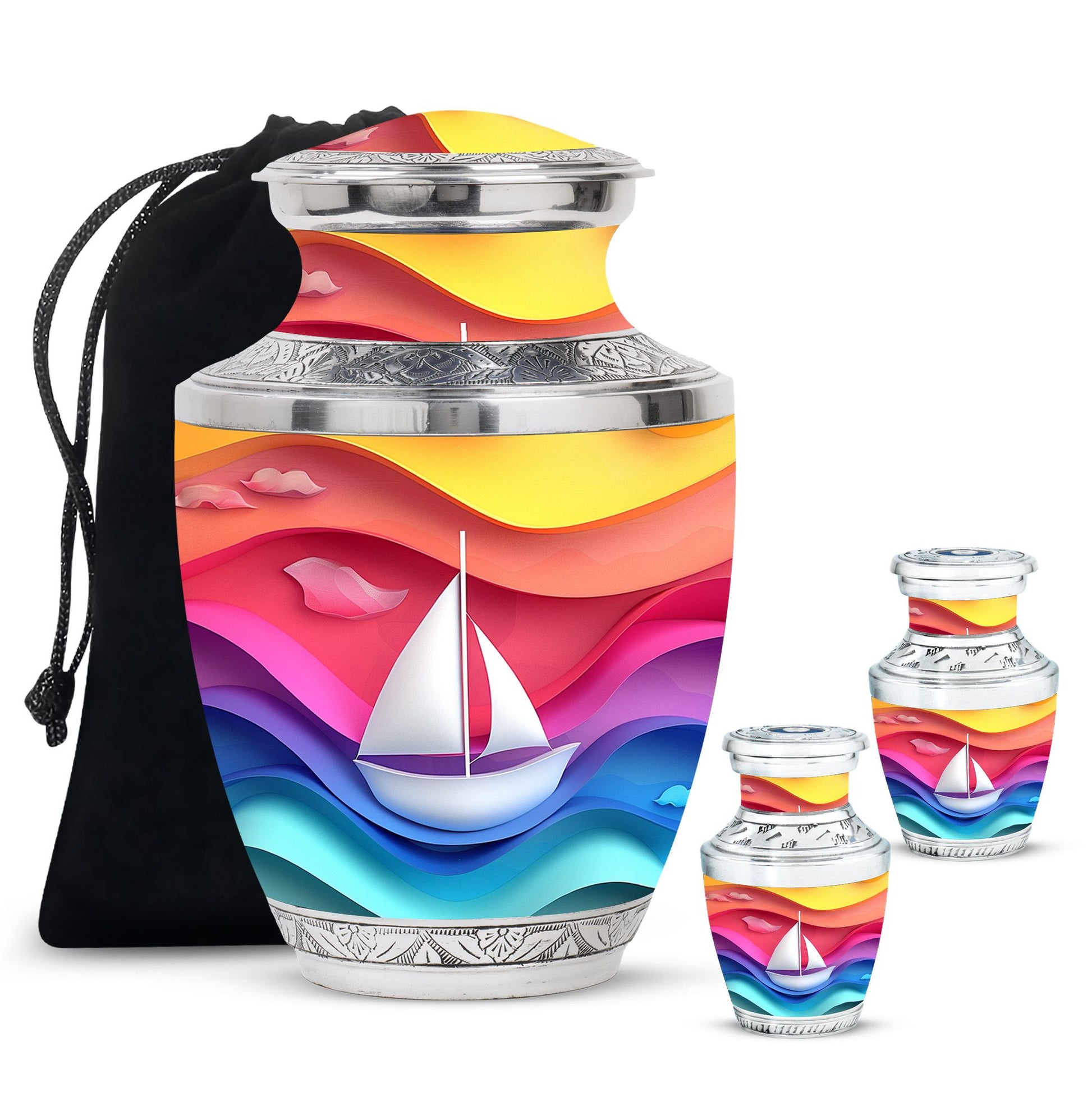 Sail Boat Theme Large Urn With 2 Keepsake Urn