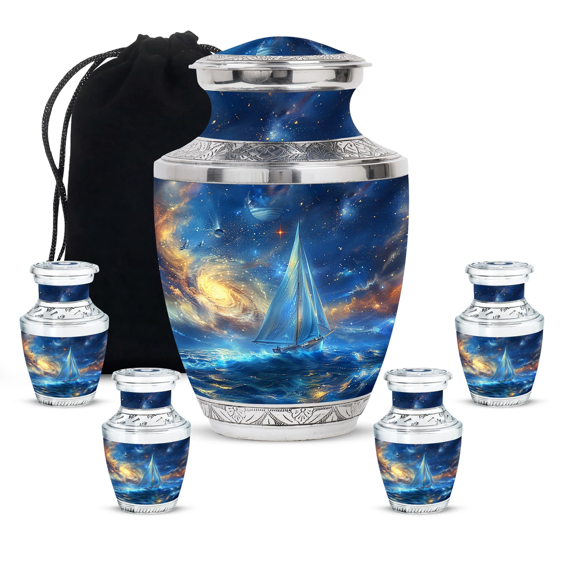 Sail Boat Theme Large Urn With 4 Keepsake Urn