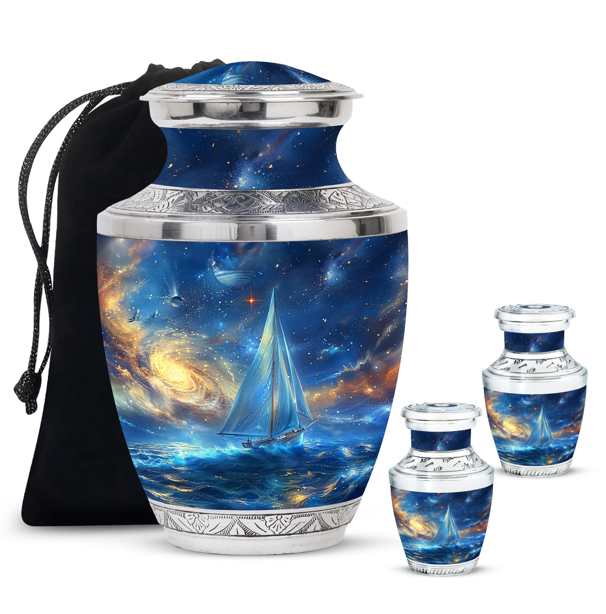 Sail Boat Theme Large Urn With 2 Keepsake Urn