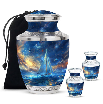 Sail Boat Theme Large Urn With 2 Keepsake Urn