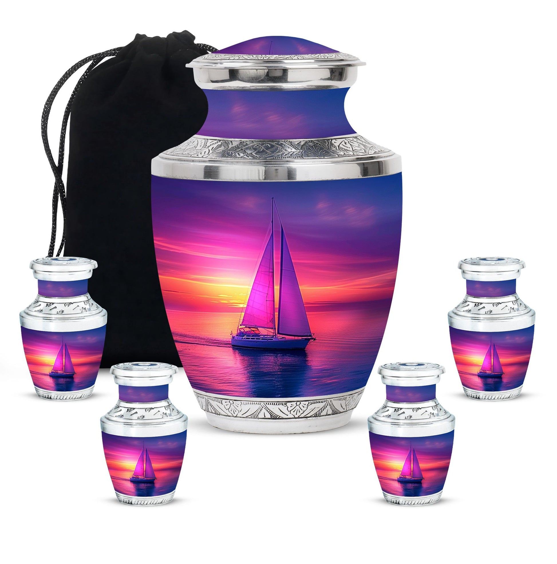 Sail Boat Theme Large Urn With 4 Keepsake Urn
