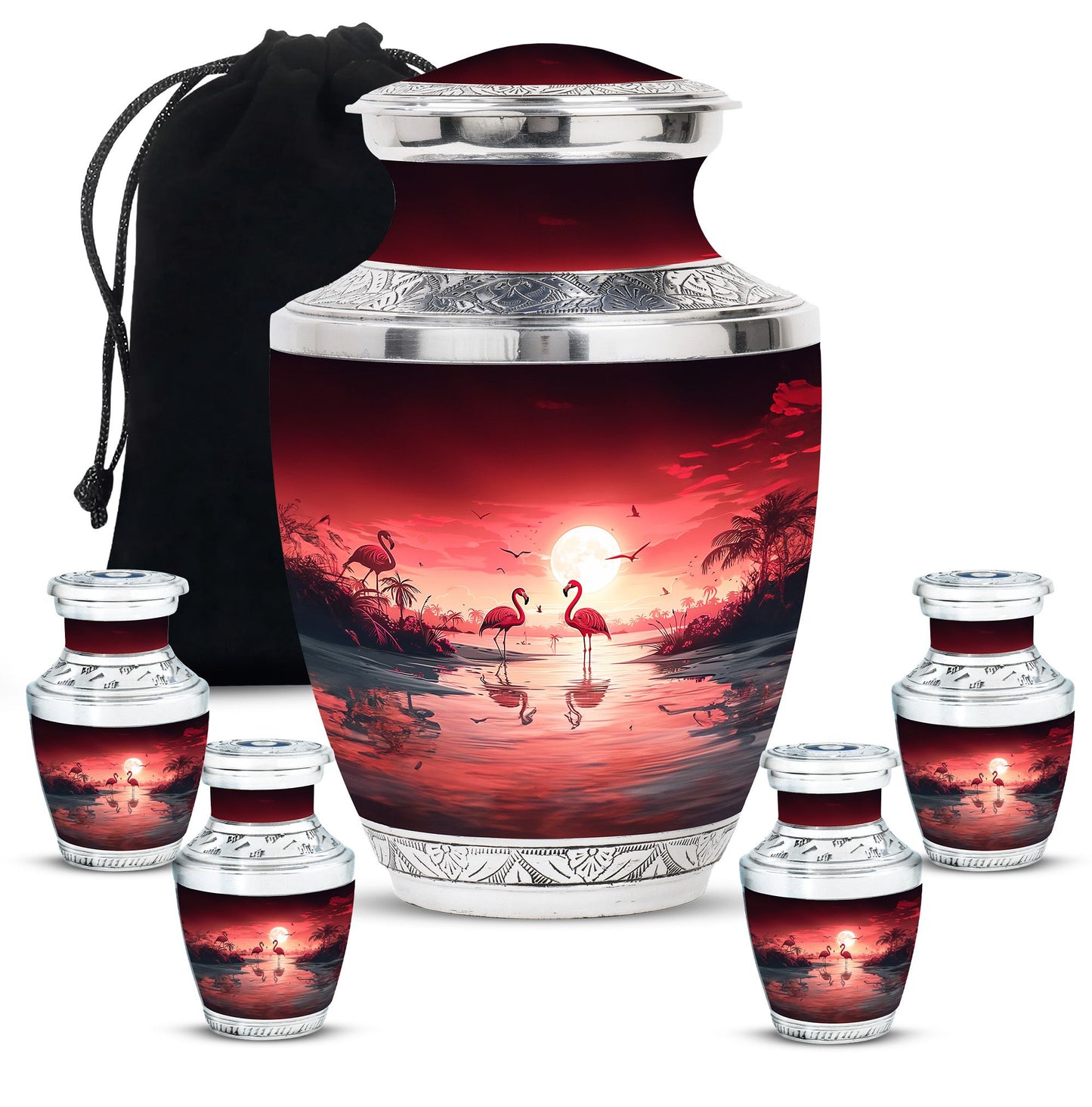 Flamingo Theme Large Urn With 4 Keepsake Urn