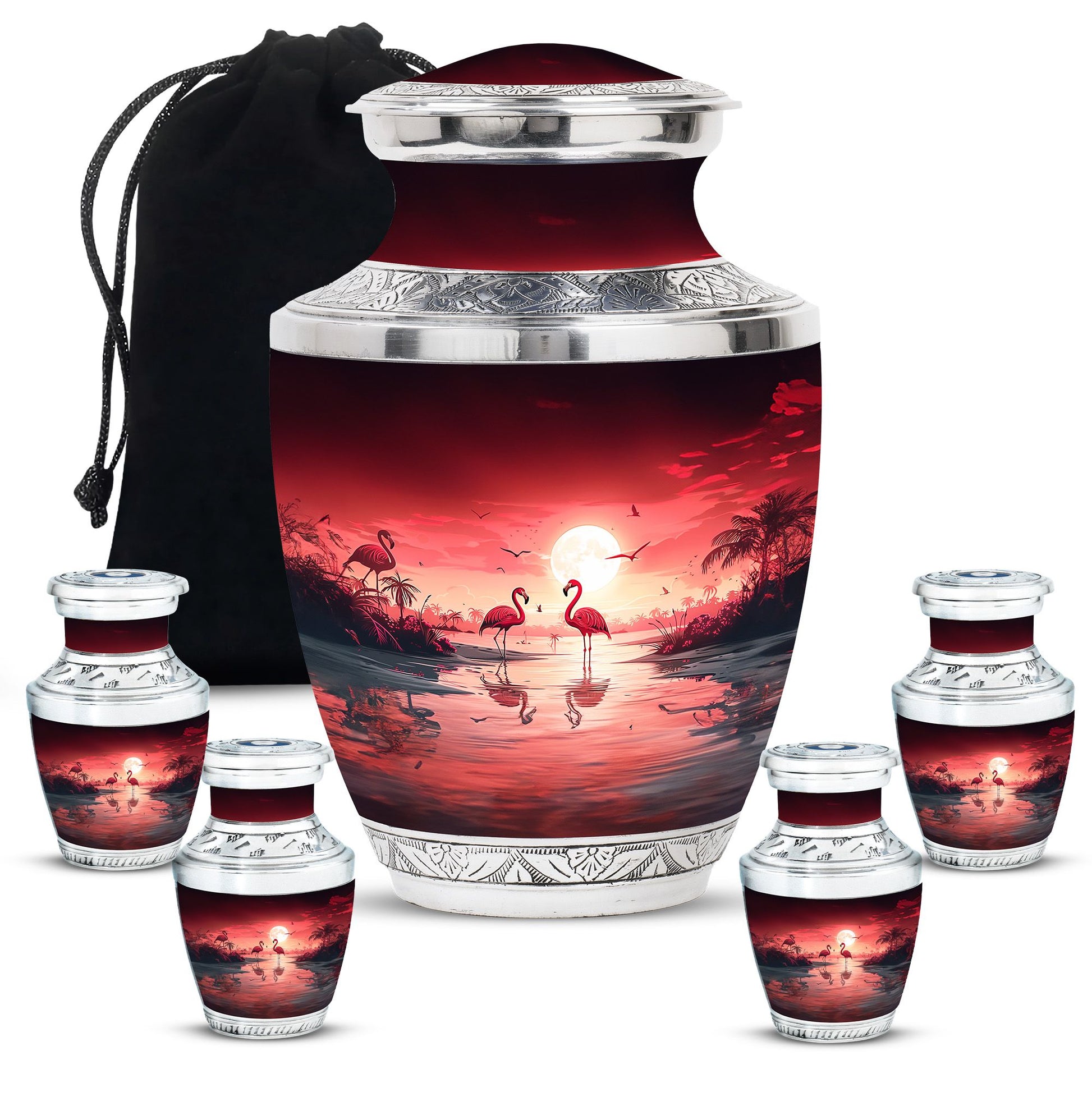 Flamingo Theme Large Urn With 4 Keepsake Urn