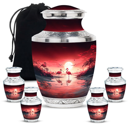 Flamingo Theme Large Urn With 4 Keepsake Urn