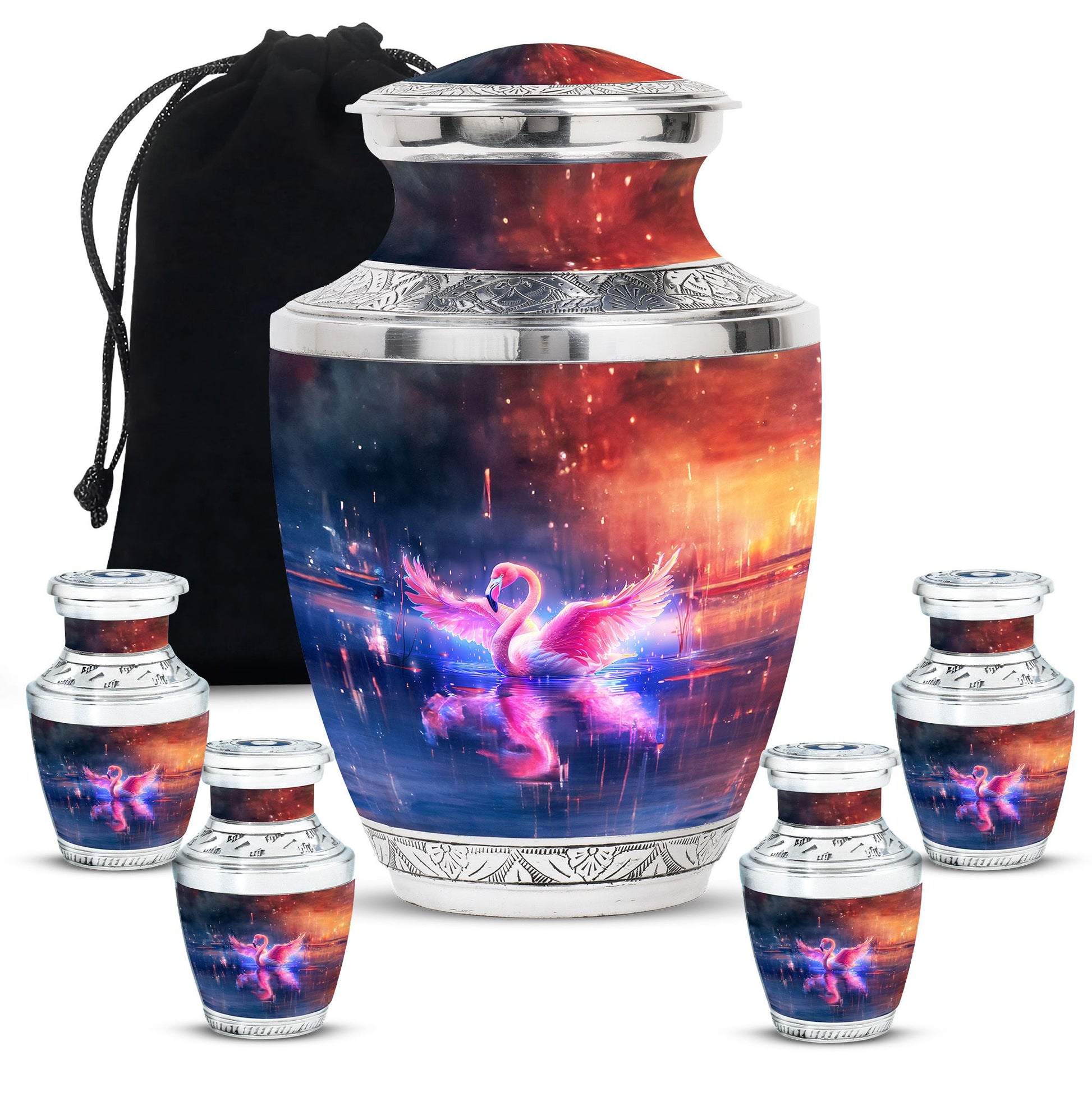 Flamingo Theme Large Urn With 4 Keepsake Urn