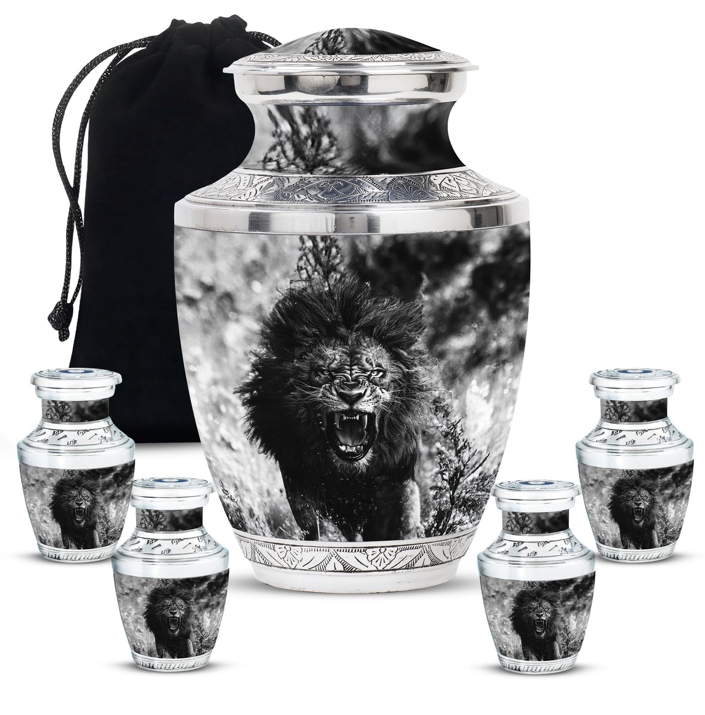 Lion Theme Large Urn With 4 Keepsake Urn