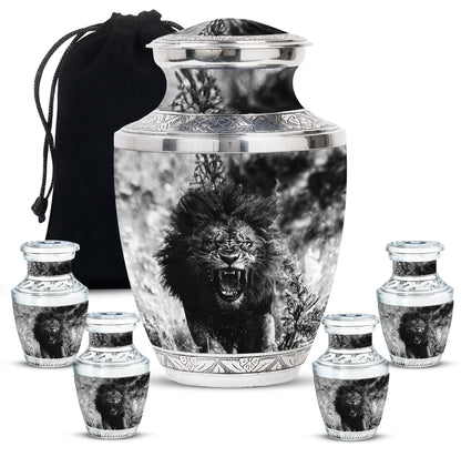 Lion Theme Large Urn With 4 Keepsake Urn