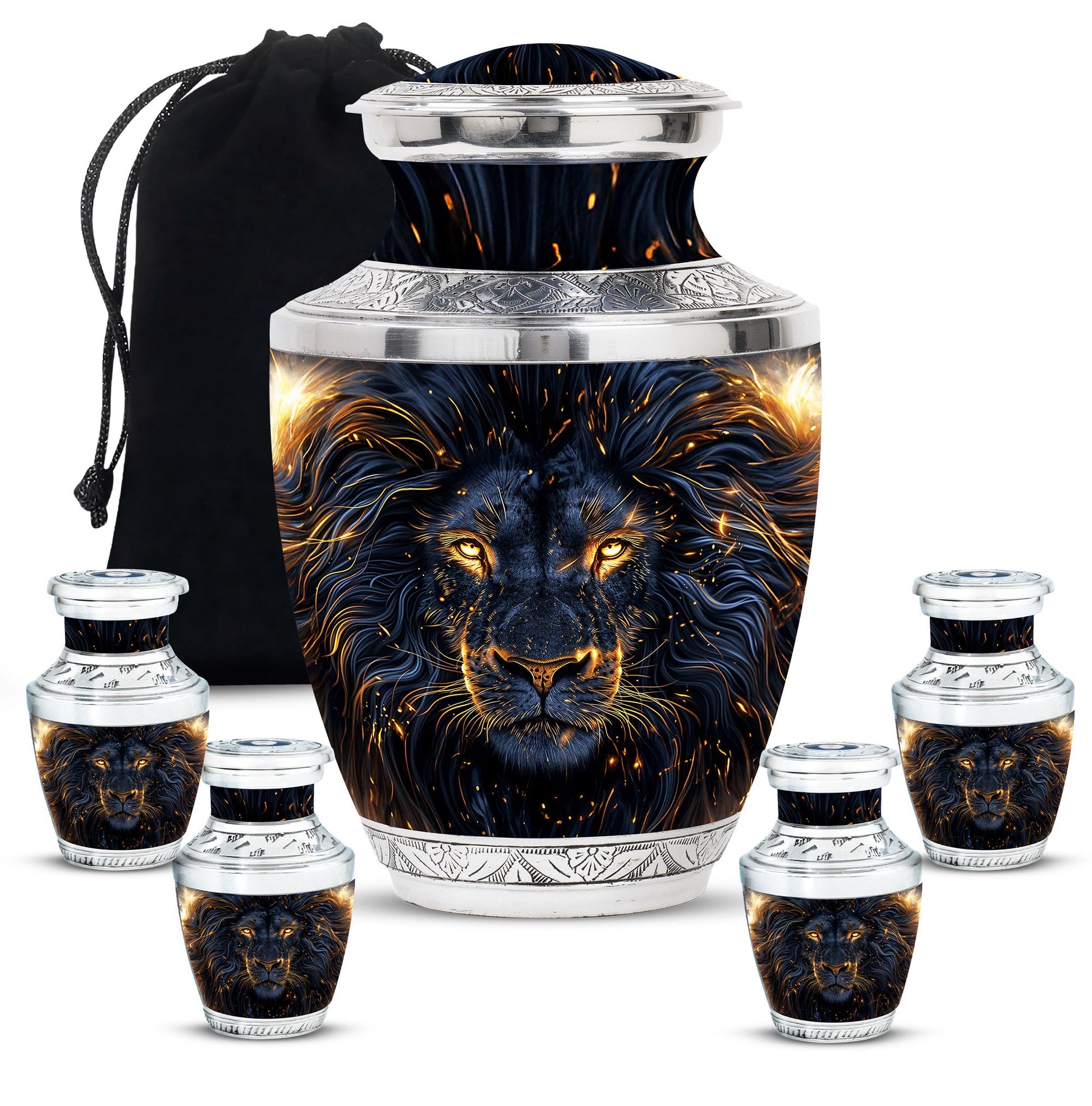 Lion Theme Large Urn With 4 Keepsake Urn