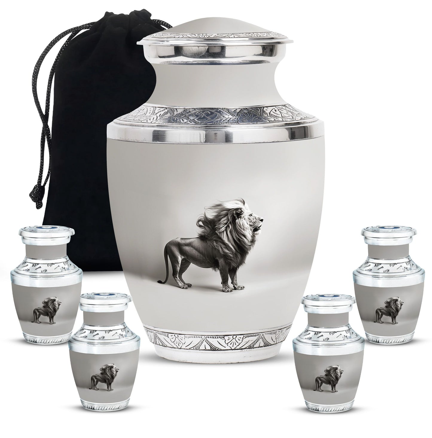 Lion Theme Large Urn With 4 Keepsake Urn