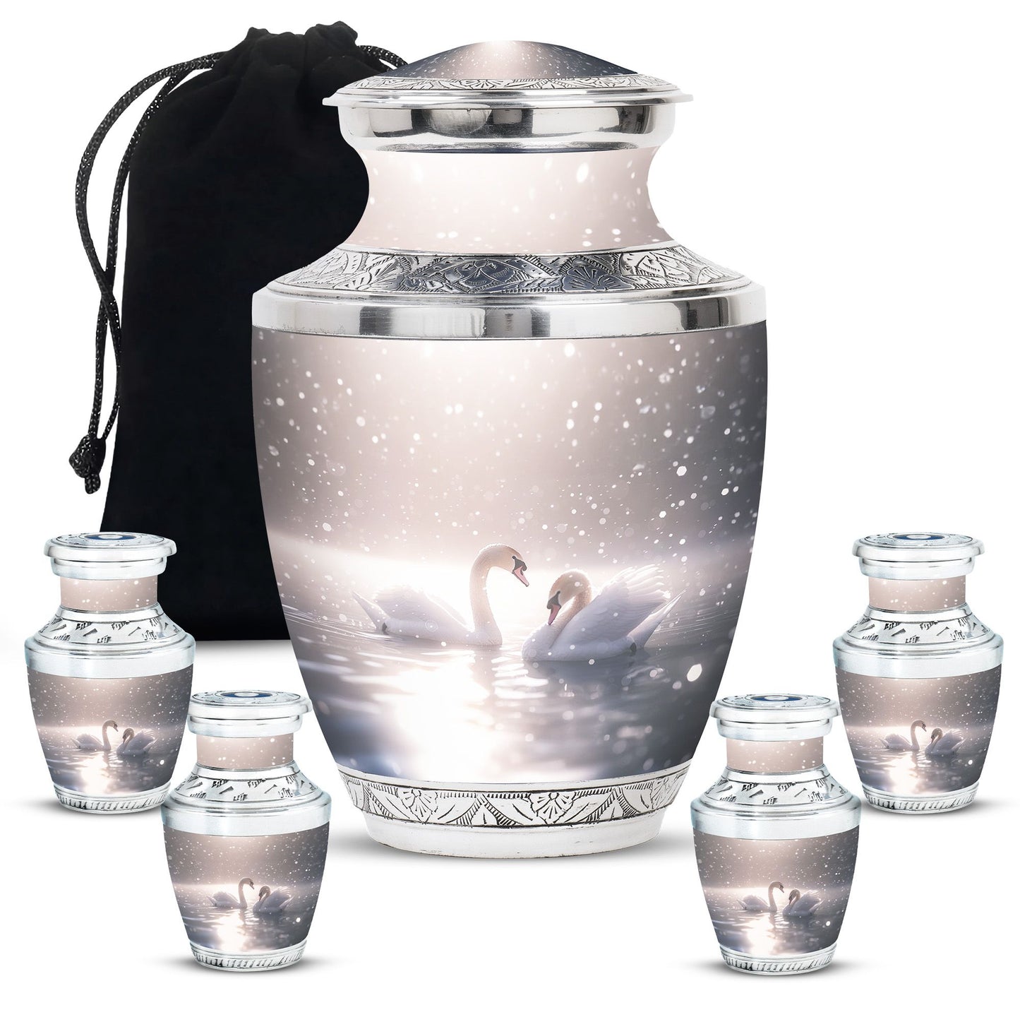 Swan Theme Large Urn With 4 Keepsake Urn