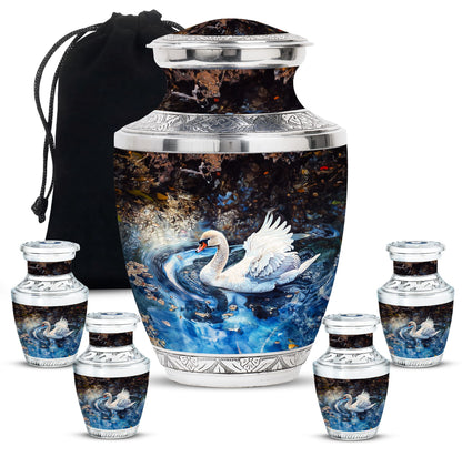 Swan Theme Large Urn With 4 Keepsake Urn