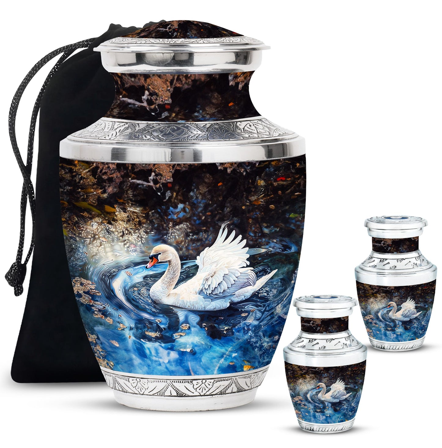 Swan Theme Large Urn With 2 Keepsake Urn