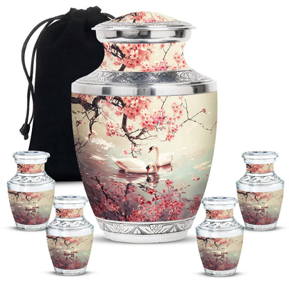 Swan Theme Large Urn With 4 Keepsake Urn