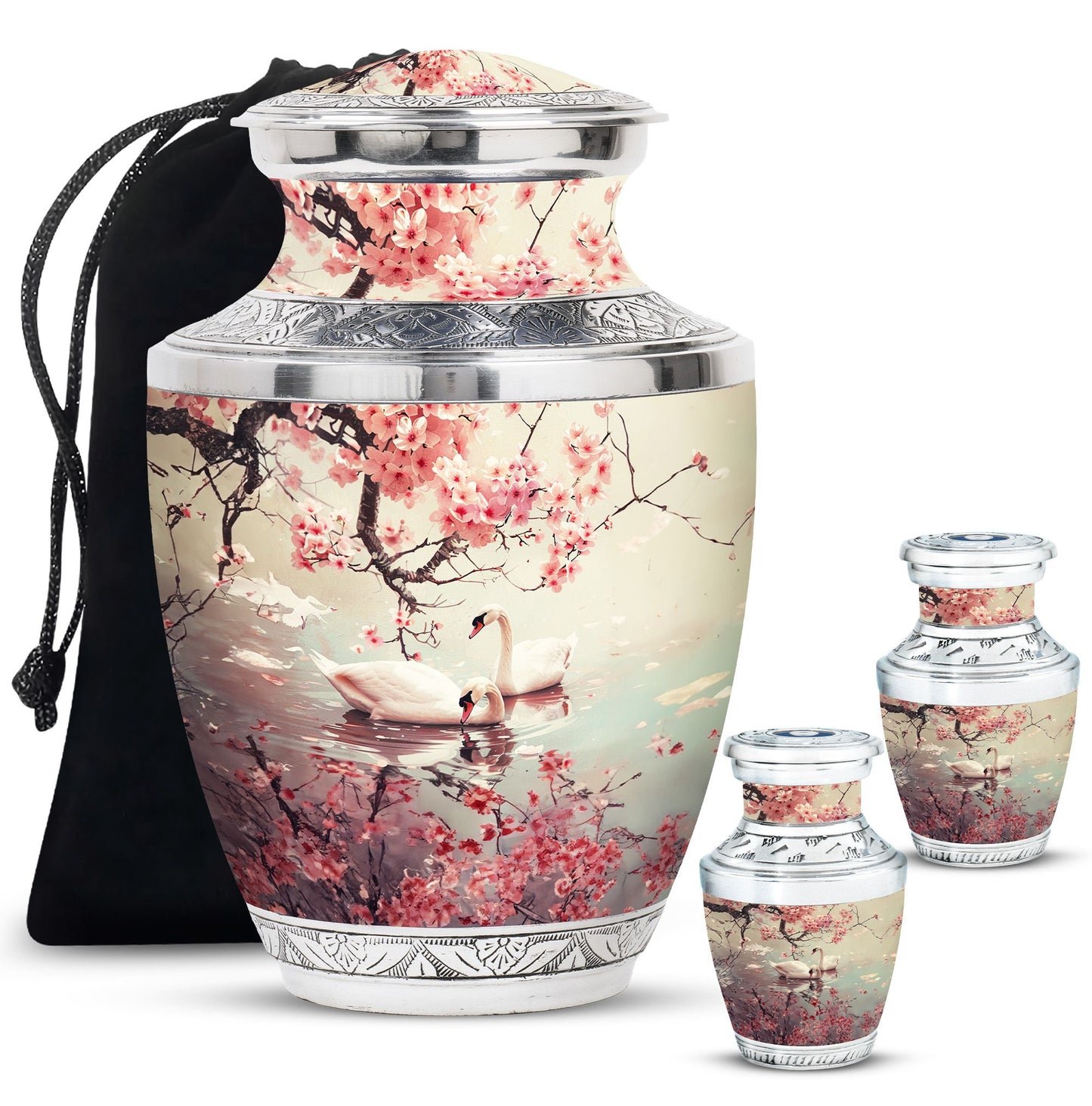 Swan Theme Large Urn With 2 Keepsake Urn