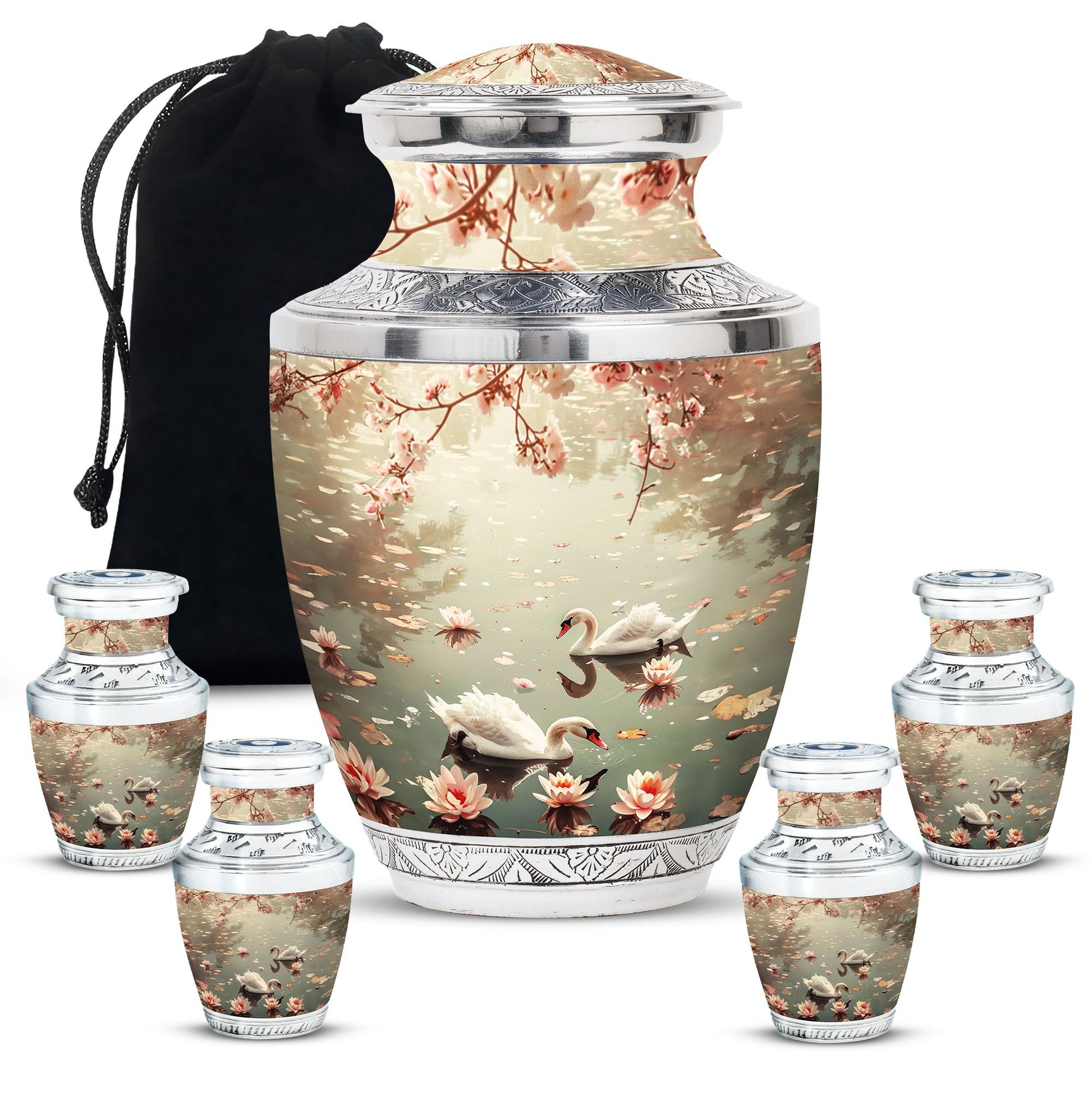 Swan Theme Large Urn With 4 Keepsake Urn