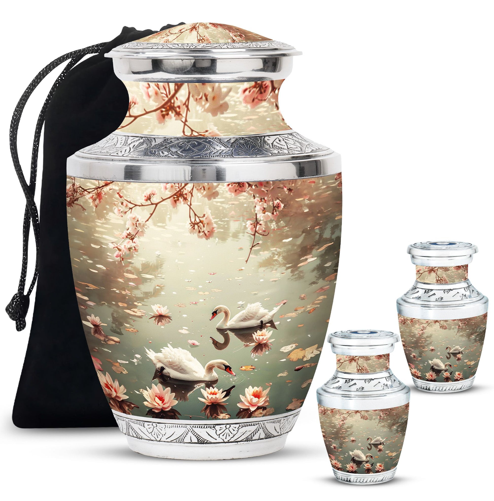 Swan Theme Large Urn With 2 Keepsake Urn