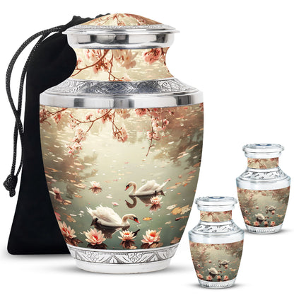 Swan Theme Large Urn With 2 Keepsake Urn