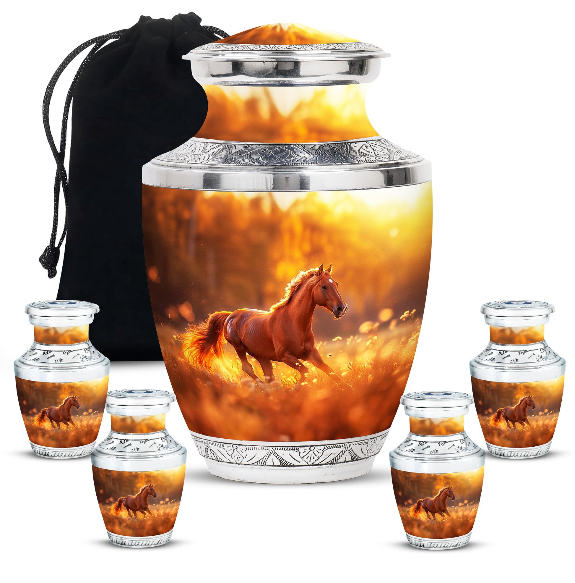 Runing Horse Theme Large Urn With 4 Keepsake Urn