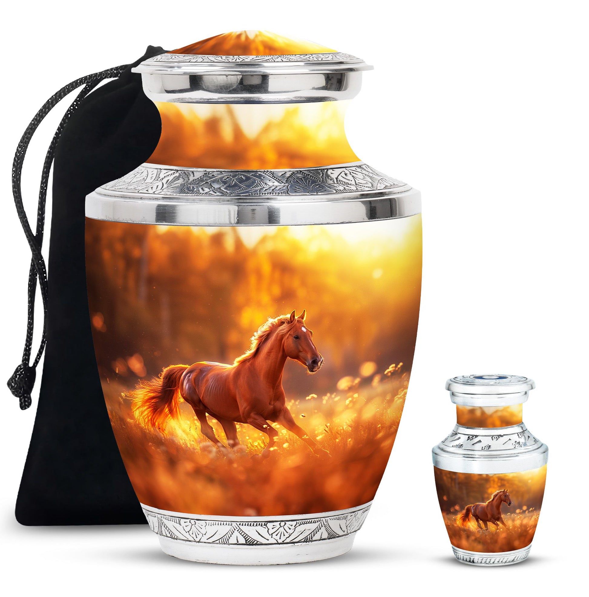 Runing Horse Theme Large Urn With 1 Keepsake Urn