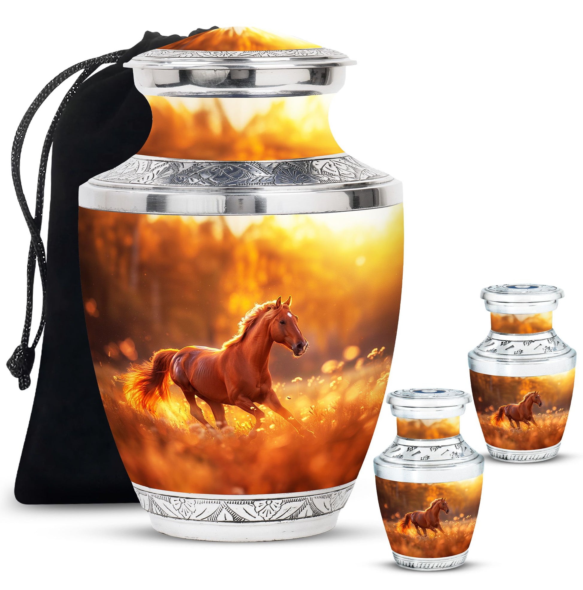 Runing Horse Theme Large Urn With 2 Keepsake Urn