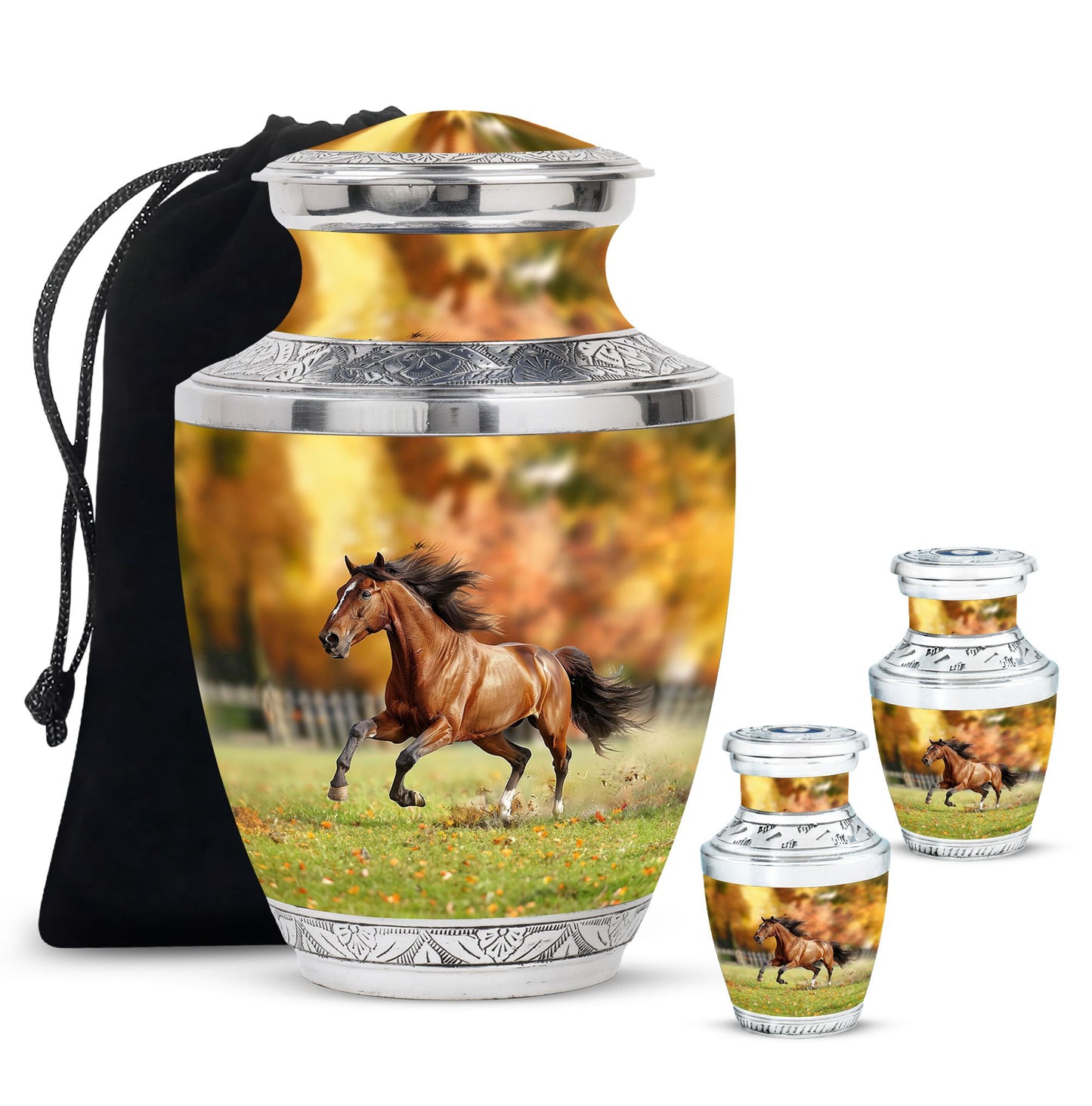 Runing Horse Theme Large Urn With 2 Keepsake Urn