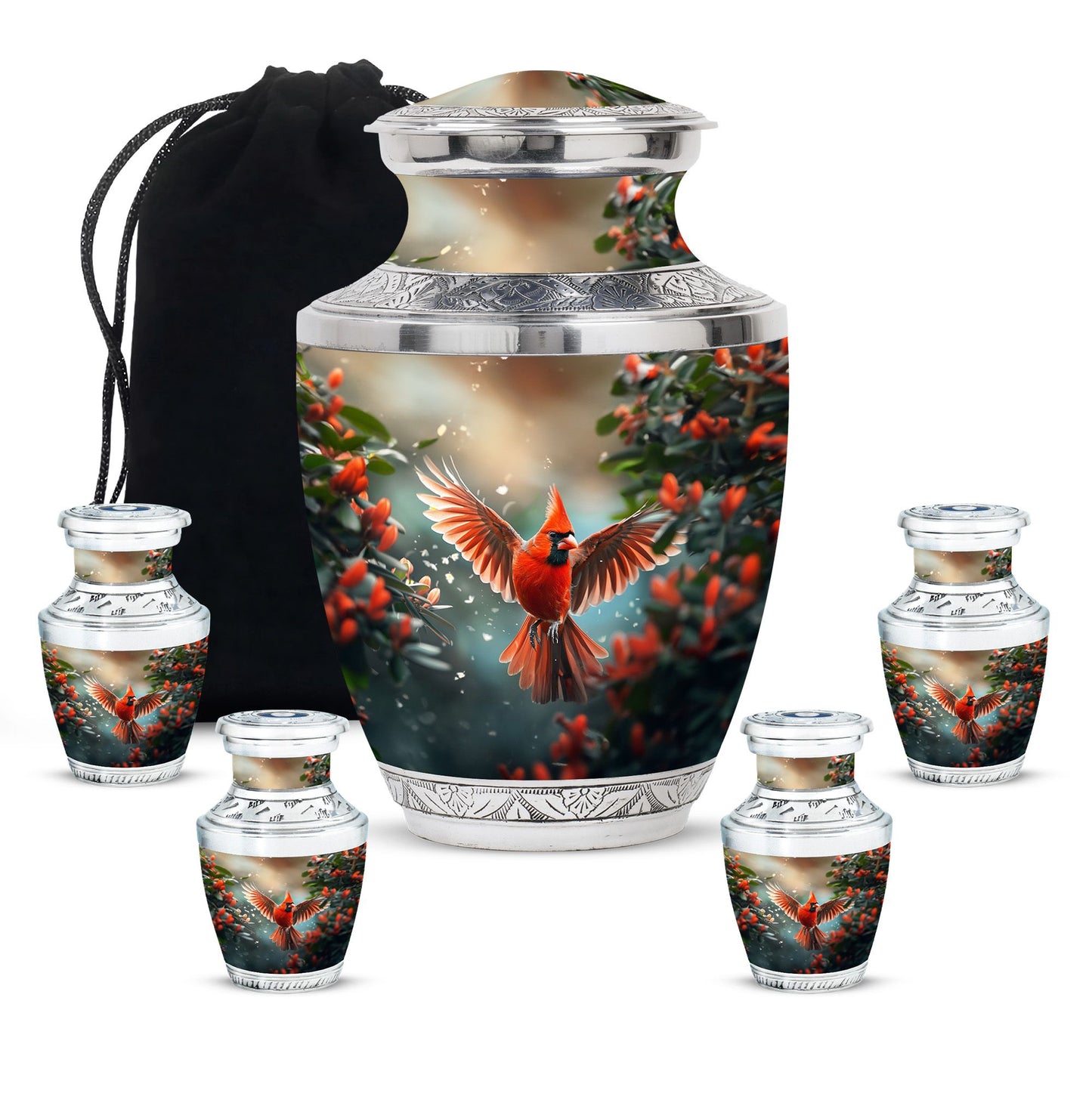 Cardinal Theme Large Urn With 4 Keepsake Urn
