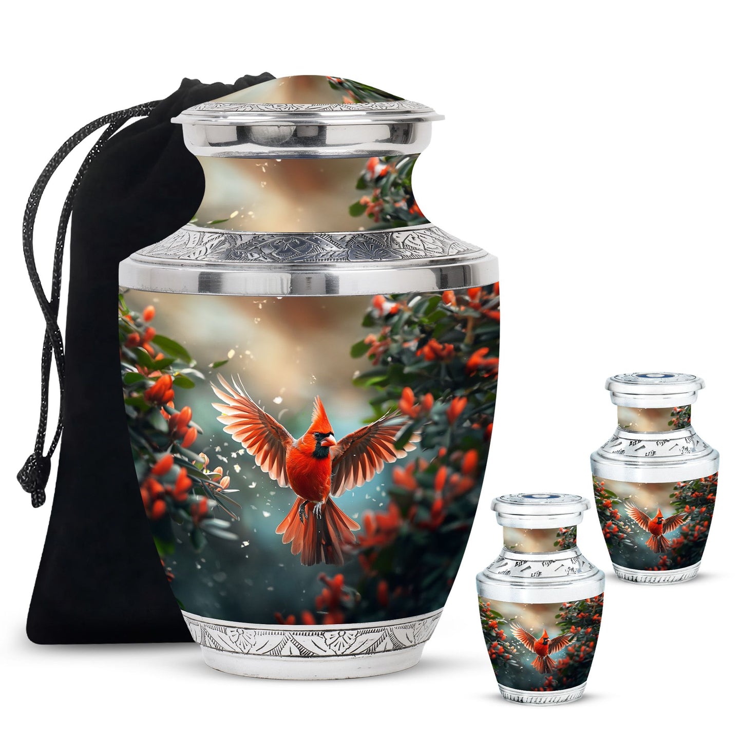 Cardinal Theme Large Urn With 2 Keepsake Urn