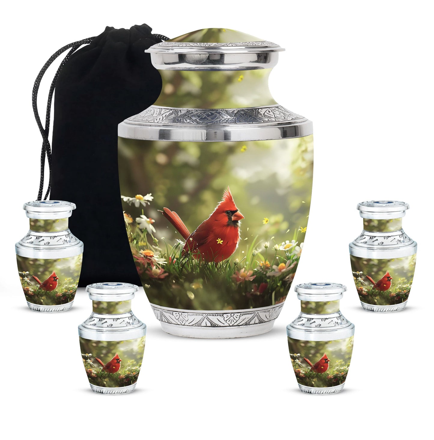 Cardinal Theme Large Urn With 4 Keepsake Urn