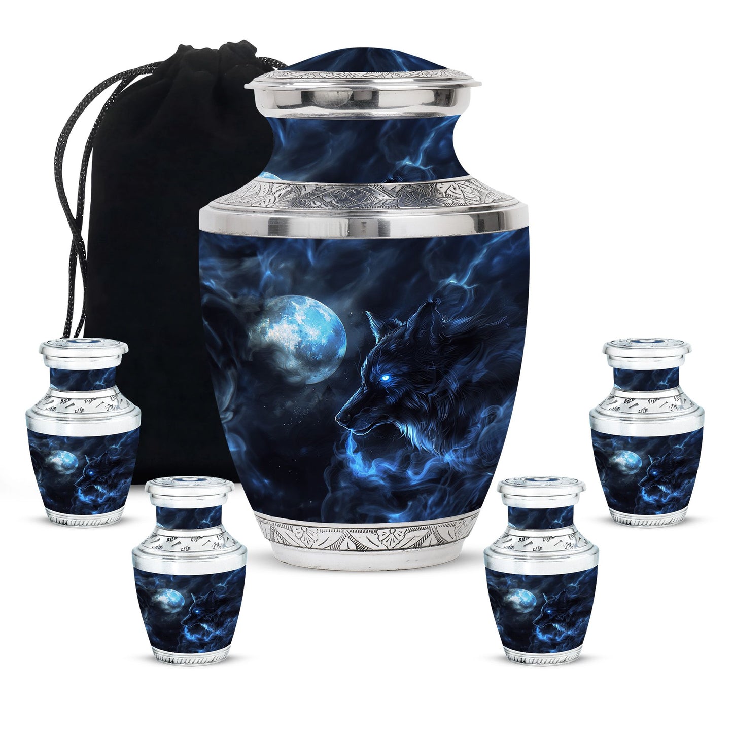 Wolf Theme Large Urn With 4 Keepsake Urn