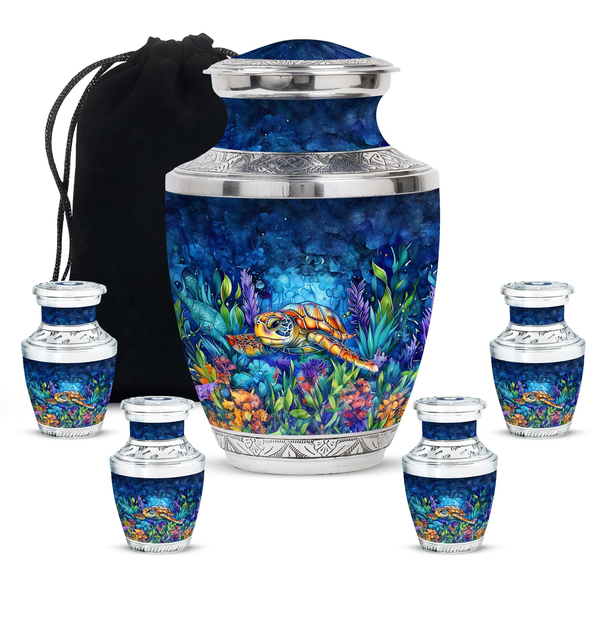 Turtle Theme Large Urn With 4 Keepsake Urn