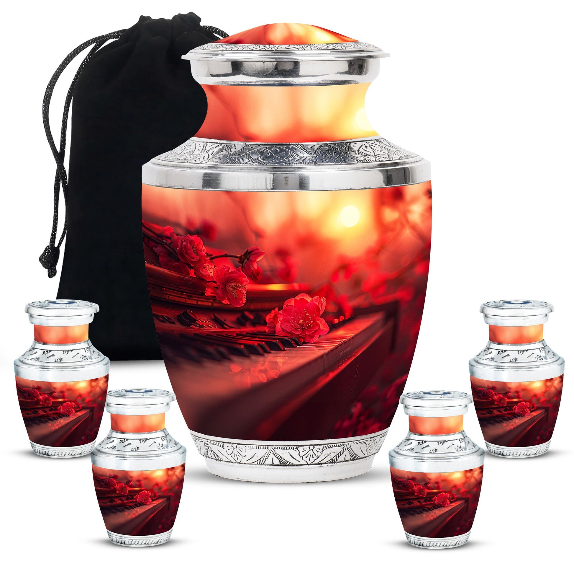 Piano Theme Large Urn With 4 Keepsake Urn