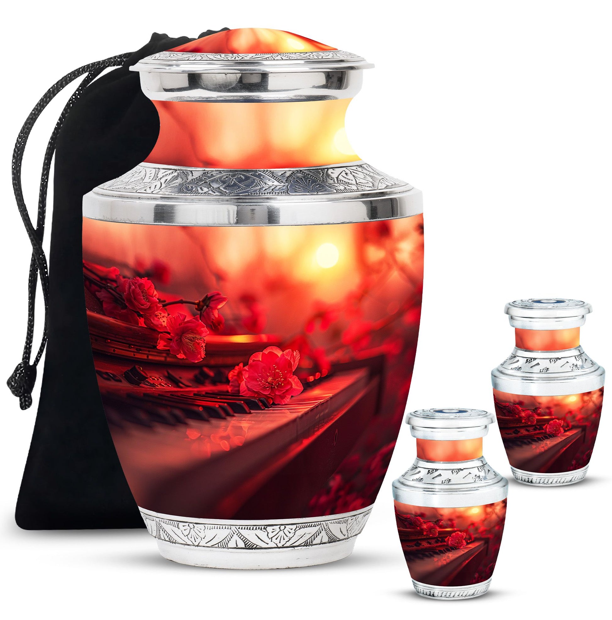 Piano Theme Large Urn With 2 Keepsake Urn