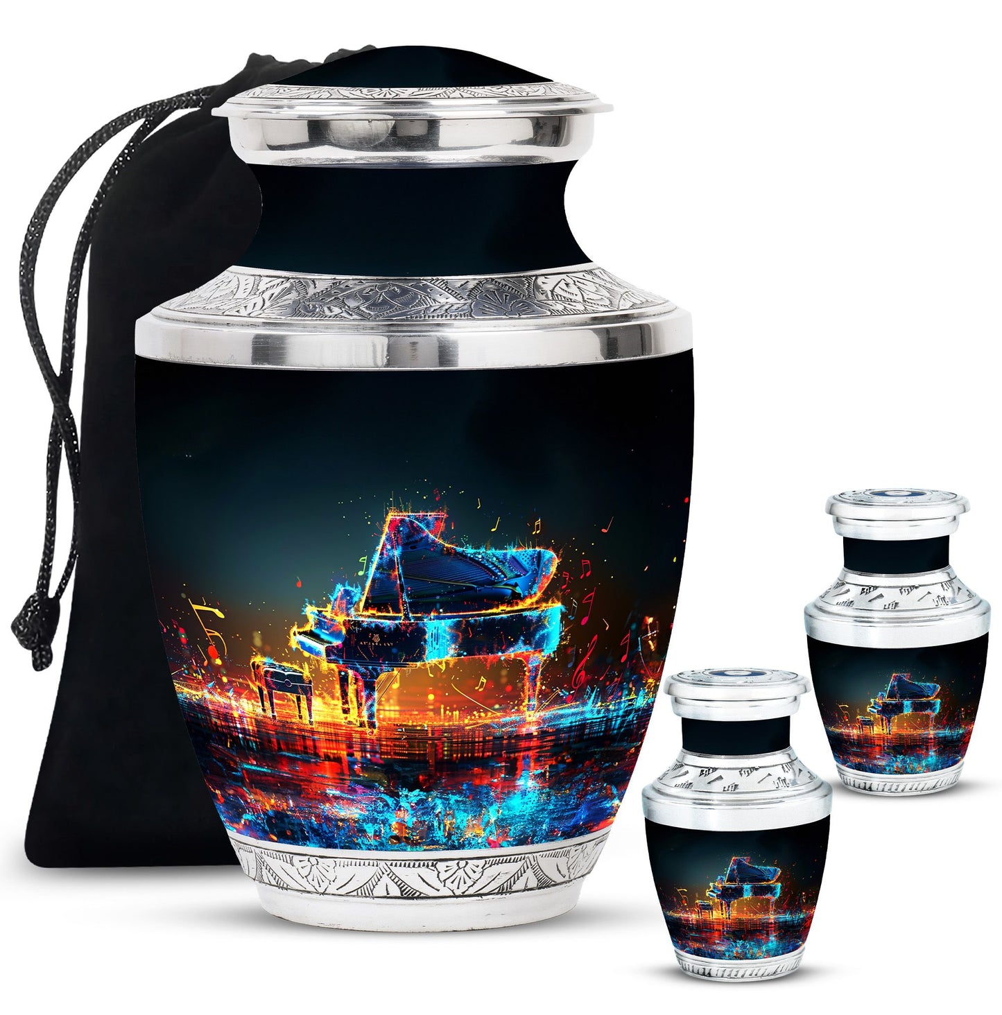 Piano Theme Large Urn With 2 Keepsake Urn