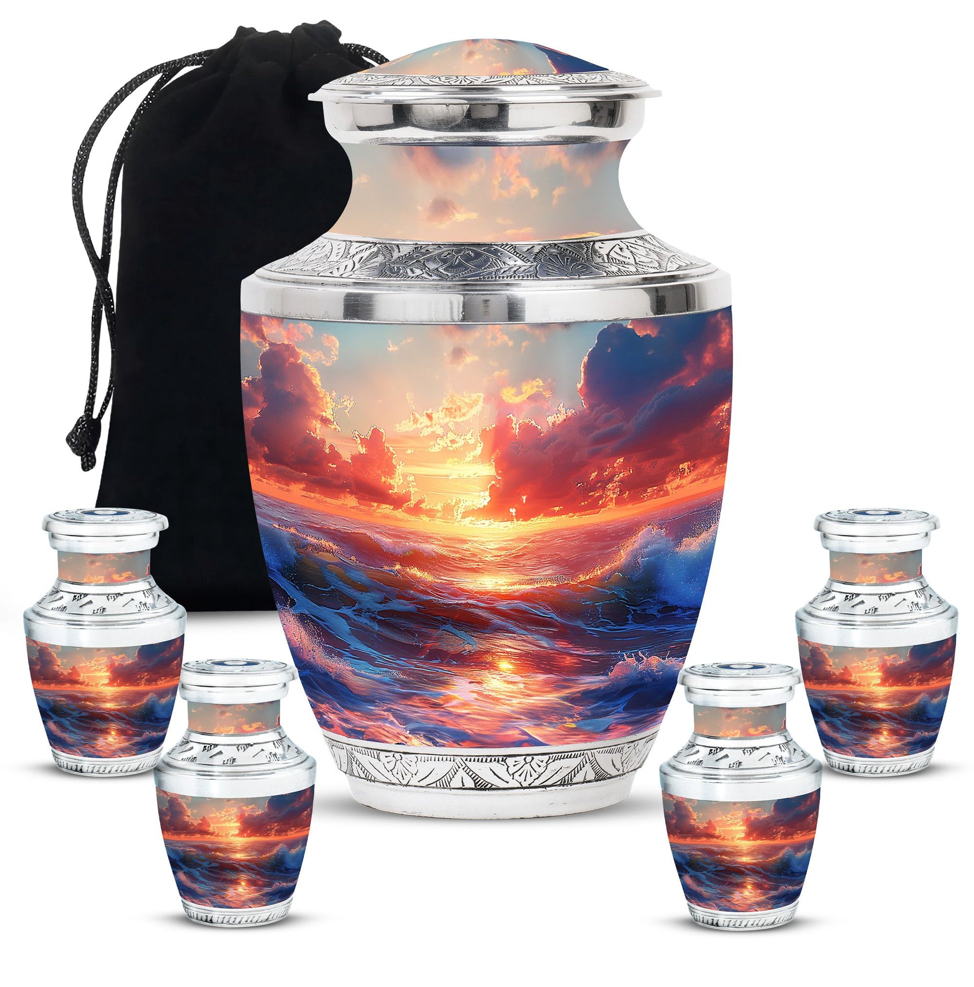 Sunrise Theme Large Urn With 4 Keepsake Urn