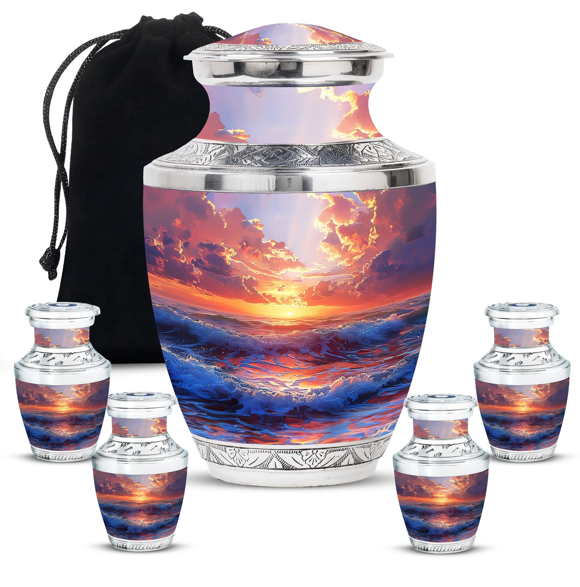 Sunrise Theme Large Urn With 4 Keepsake Urn