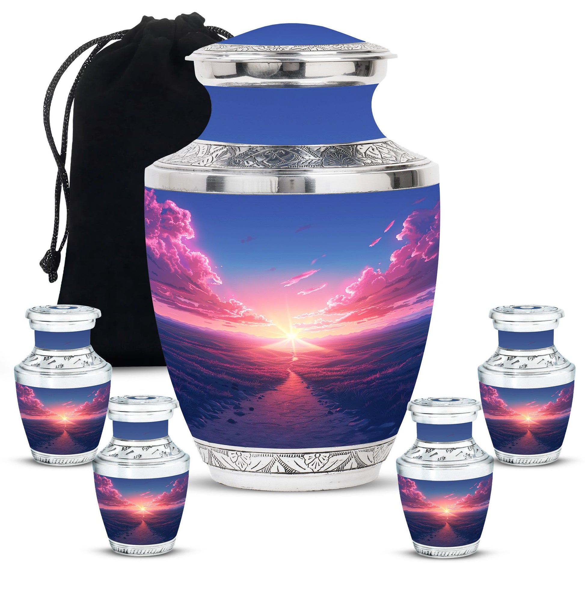 Sunrise Theme Large Urn With 4 Keepsake Urn