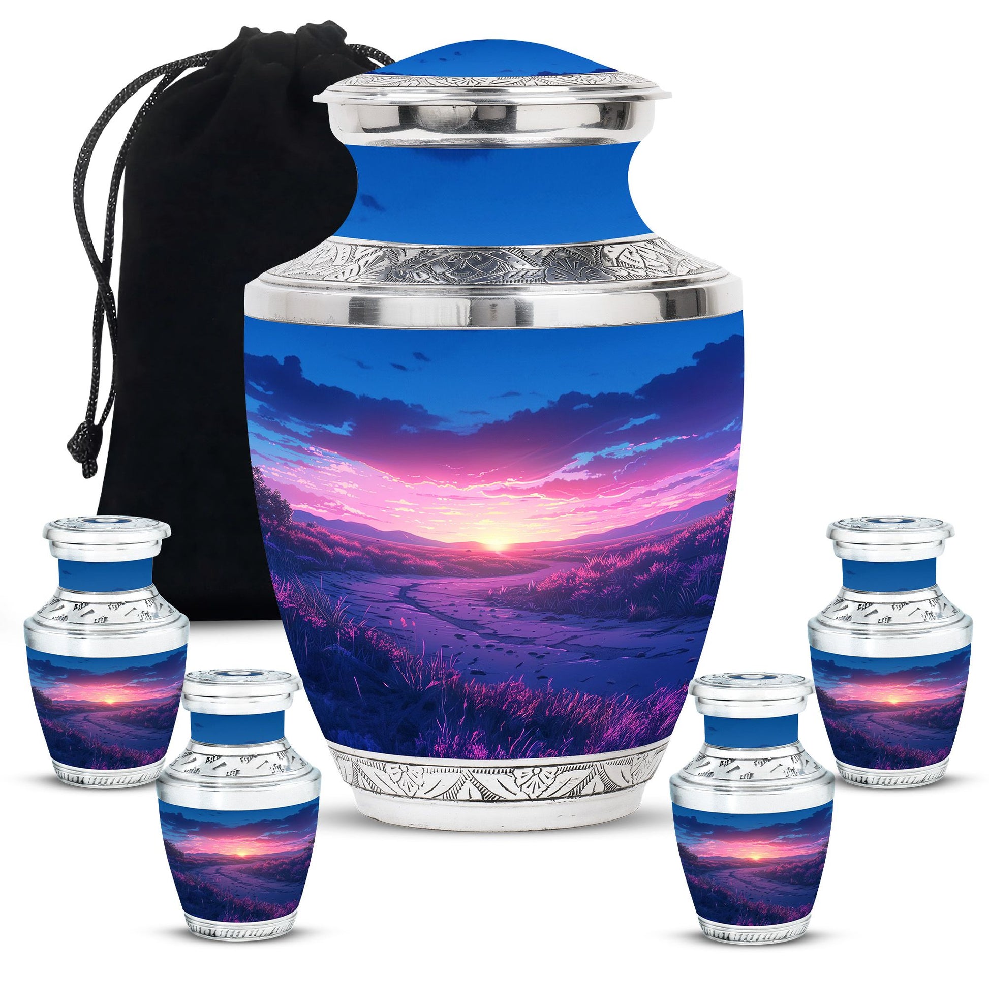 Sunrise Theme Large Urn With 4 Keepsake Urn