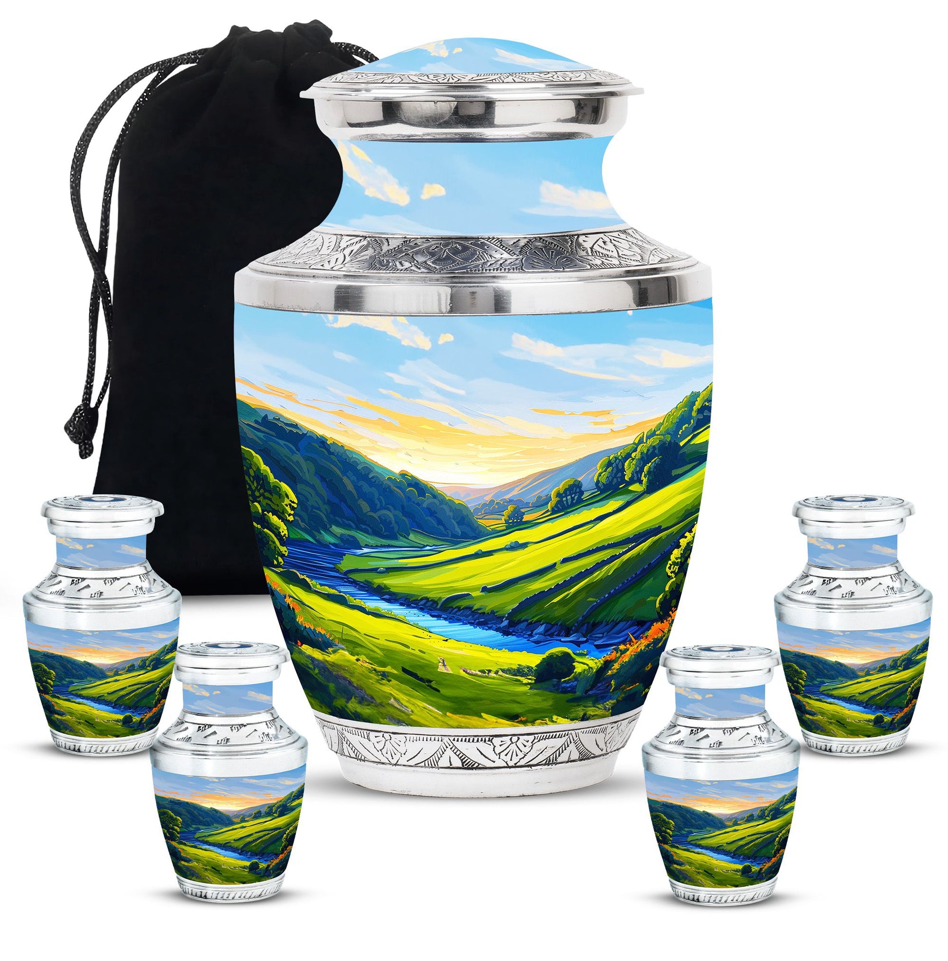 Sunrise Theme Large Urn With 4 Keepsake Urn