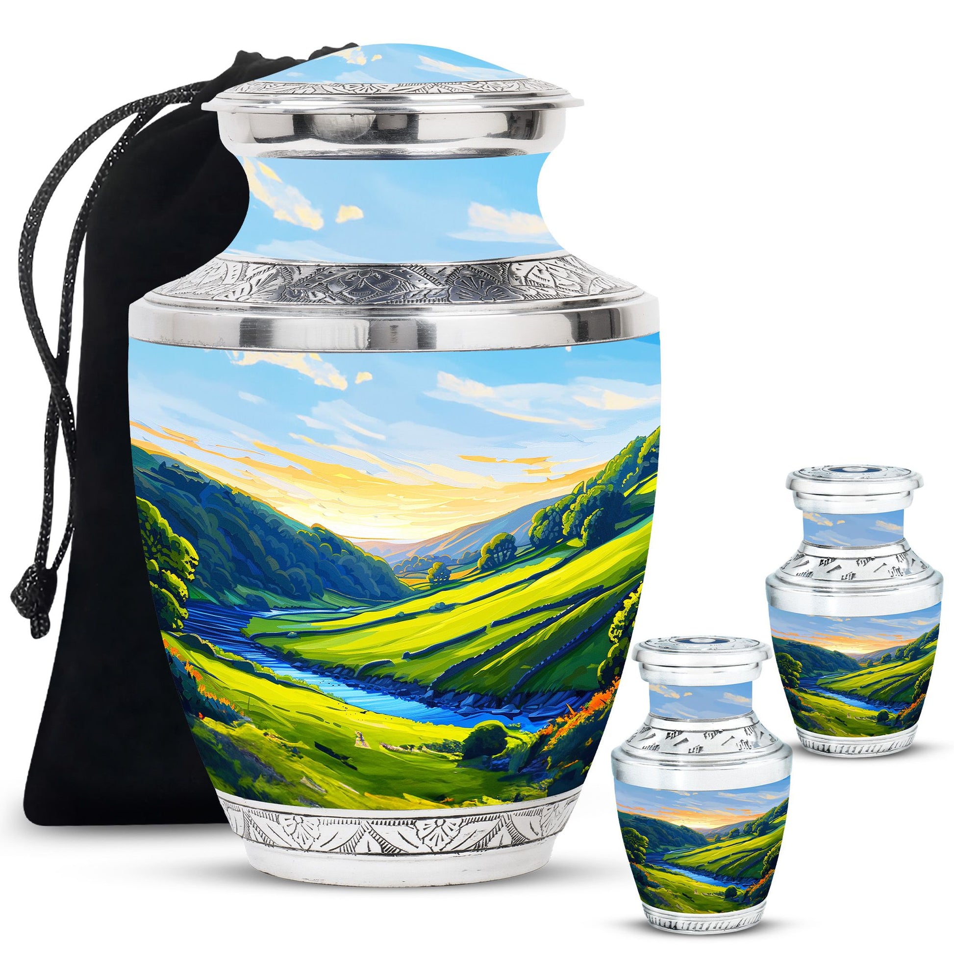 Sunrise Theme Large Urn With 2 Keepsake Urn