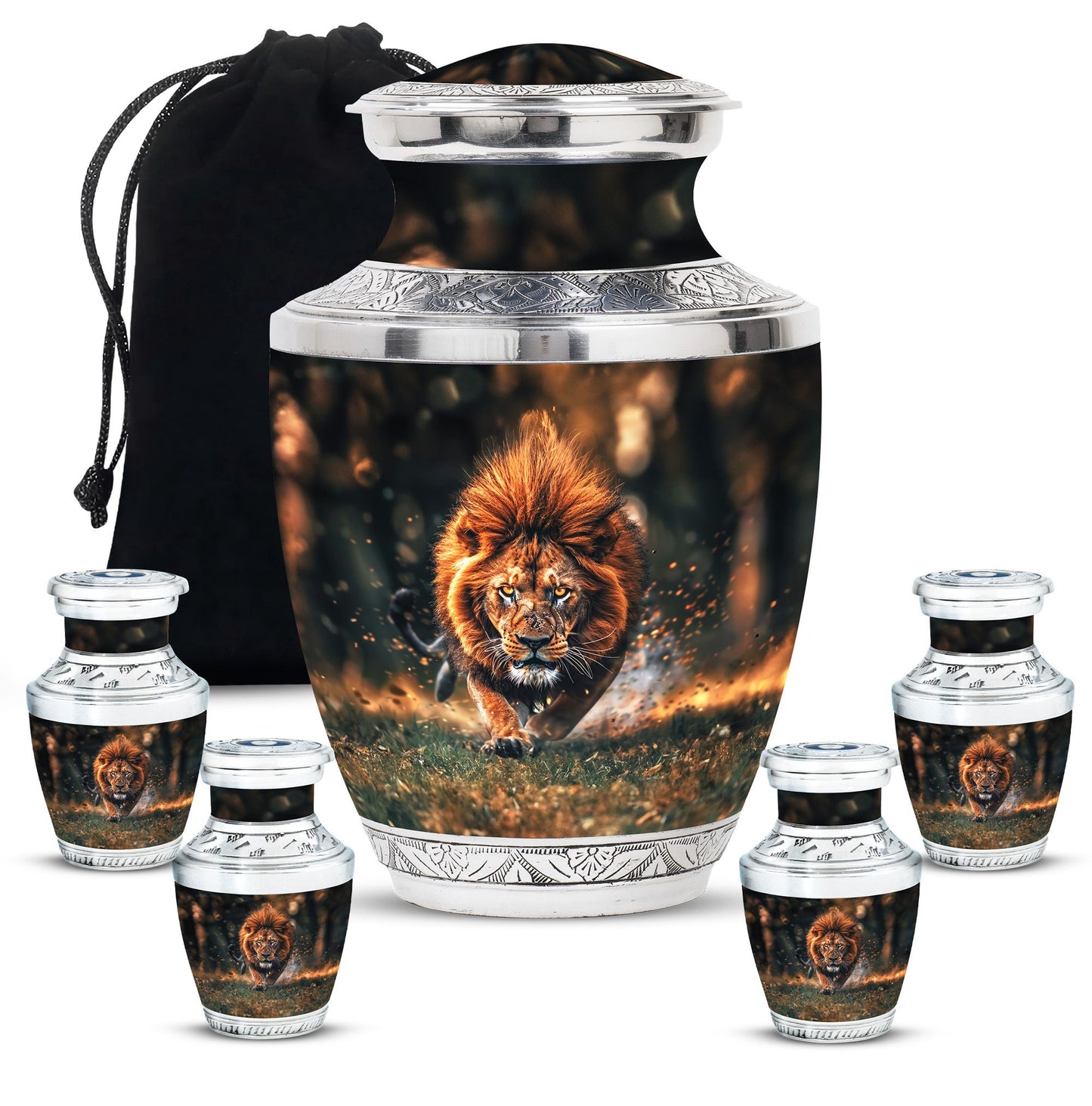 Lion Theme Large Urn With 4 Keepsake Urn