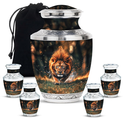 Lion Theme Large Urn With 4 Keepsake Urn