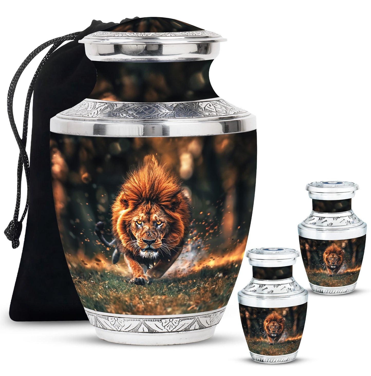 Lion Theme Large Urn With 2 Keepsake Urn