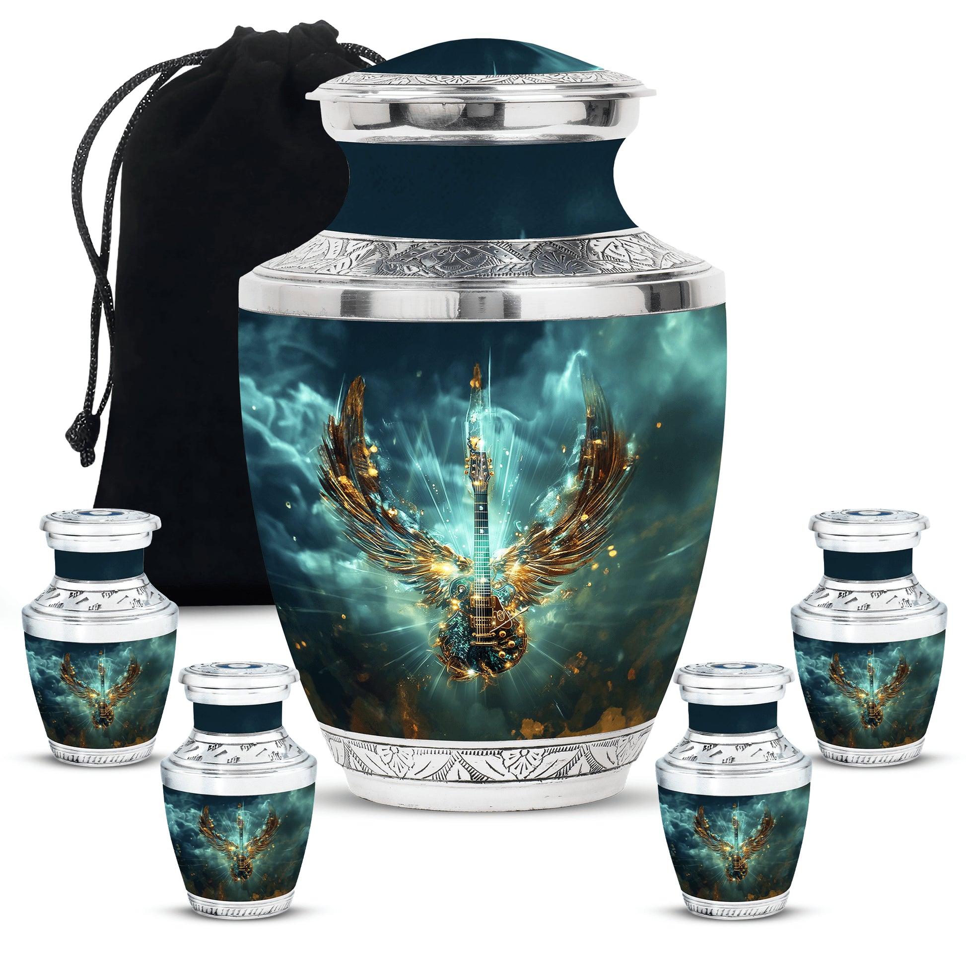 Guitar Theme Large Urn With 4 Keepsake Urn
