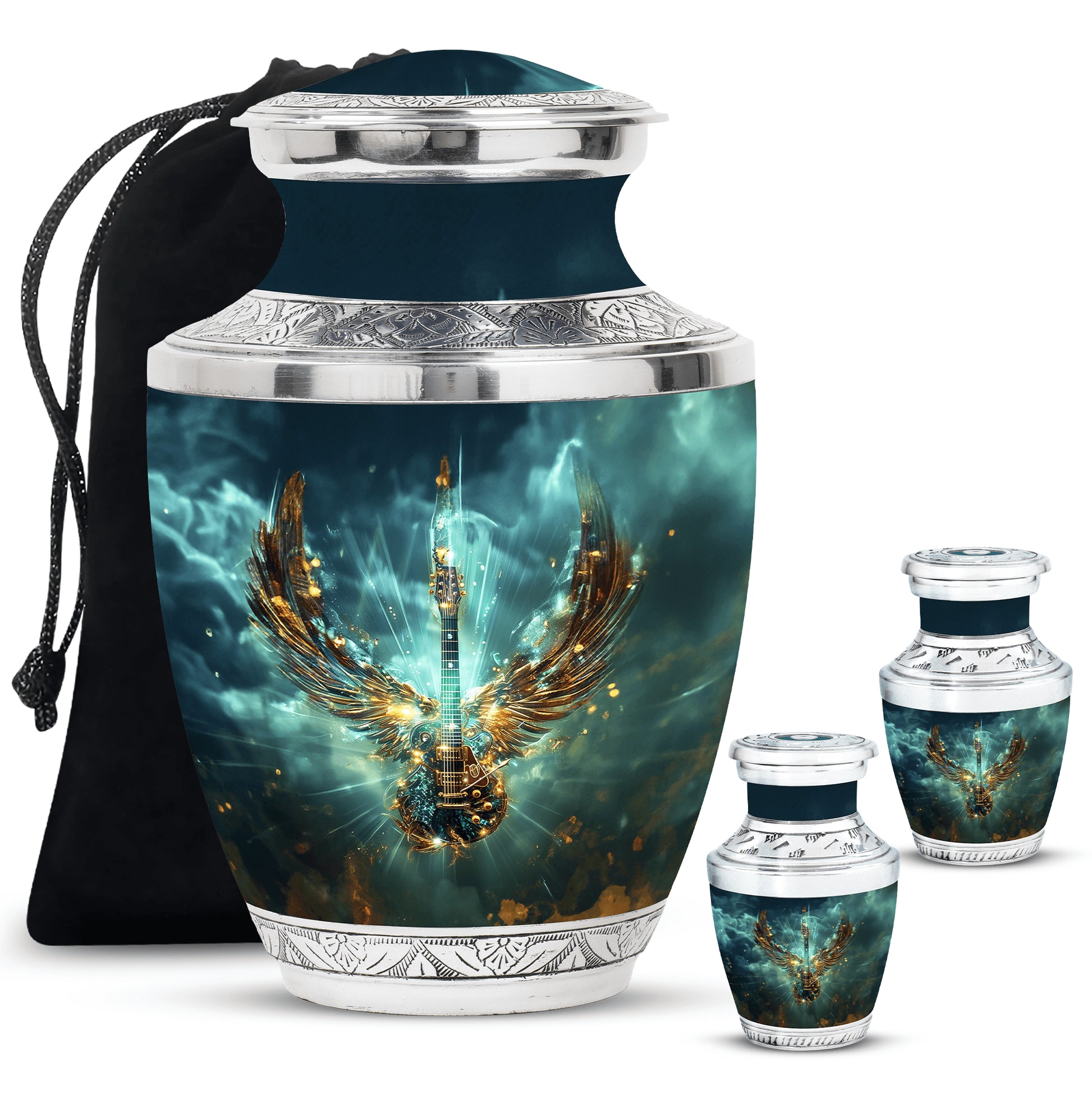 Guitar Theme Large Urn With 2 Keepsake Urn