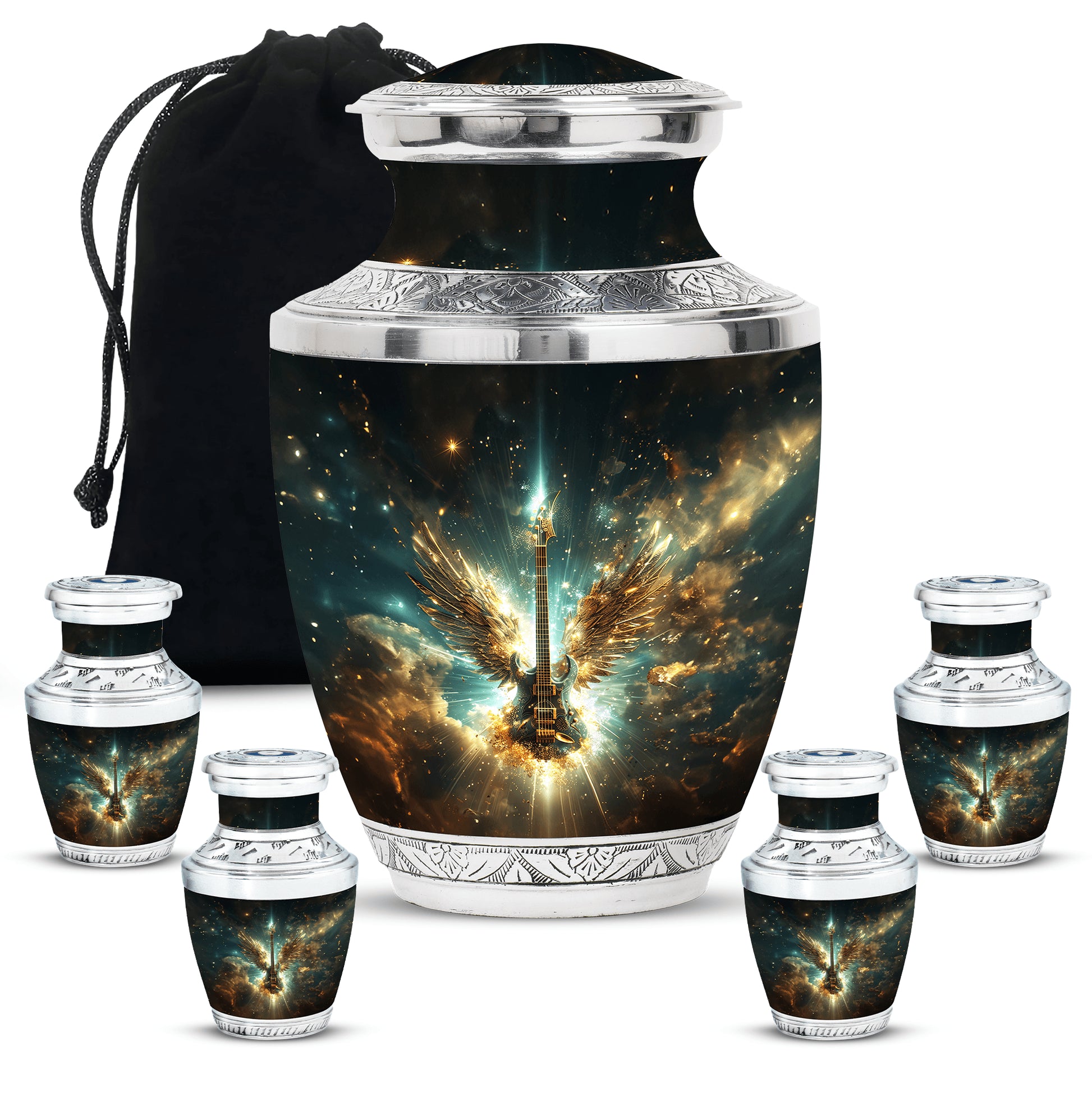 Guitar Theme Large Urn With 4 Keepsake Urn