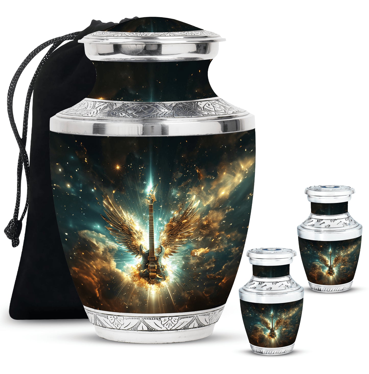 Guitar Theme Large Urn With 2 Keepsake Urn