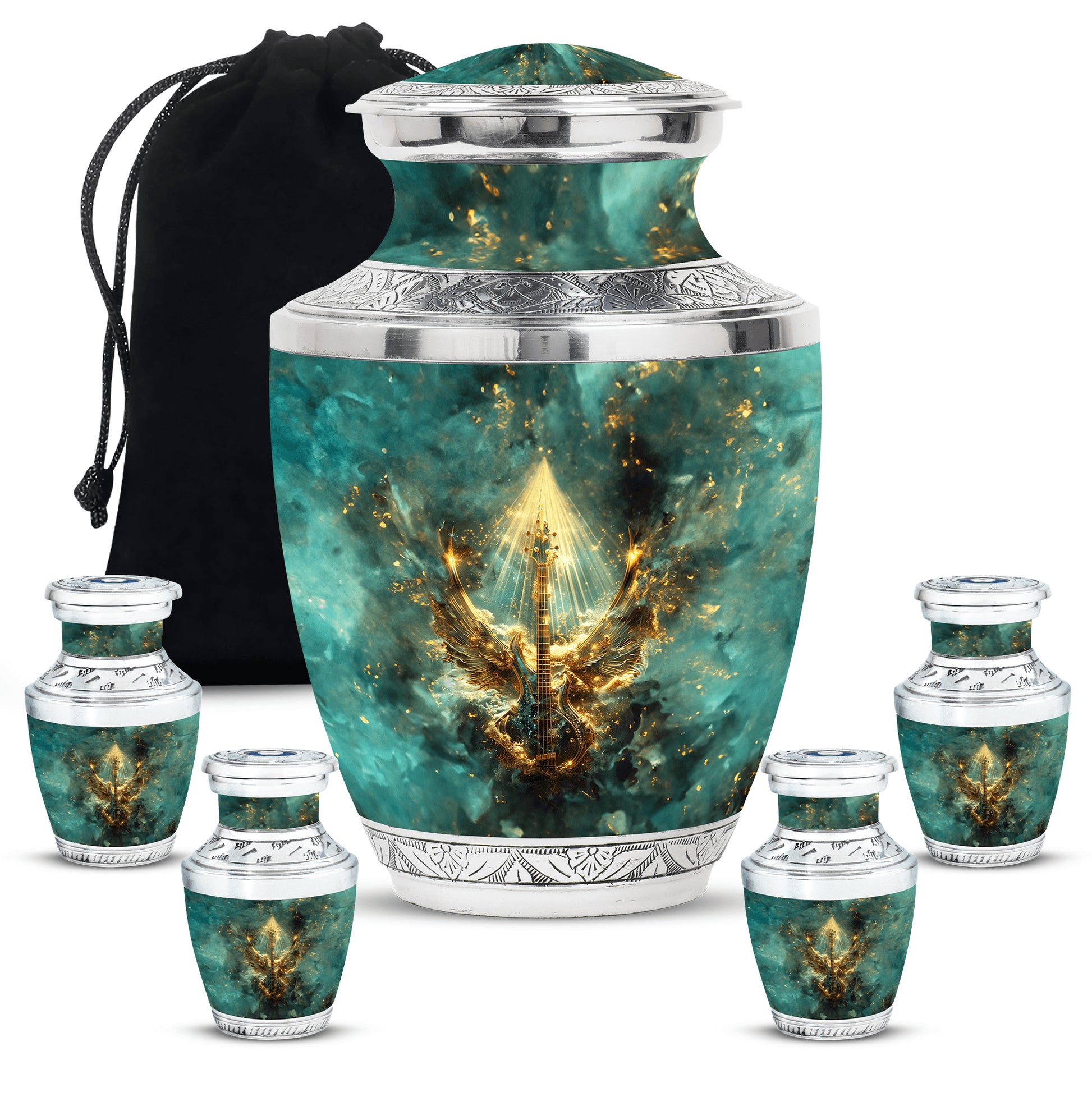 Guitar Theme Large Urn With 4 Keepsake Urn