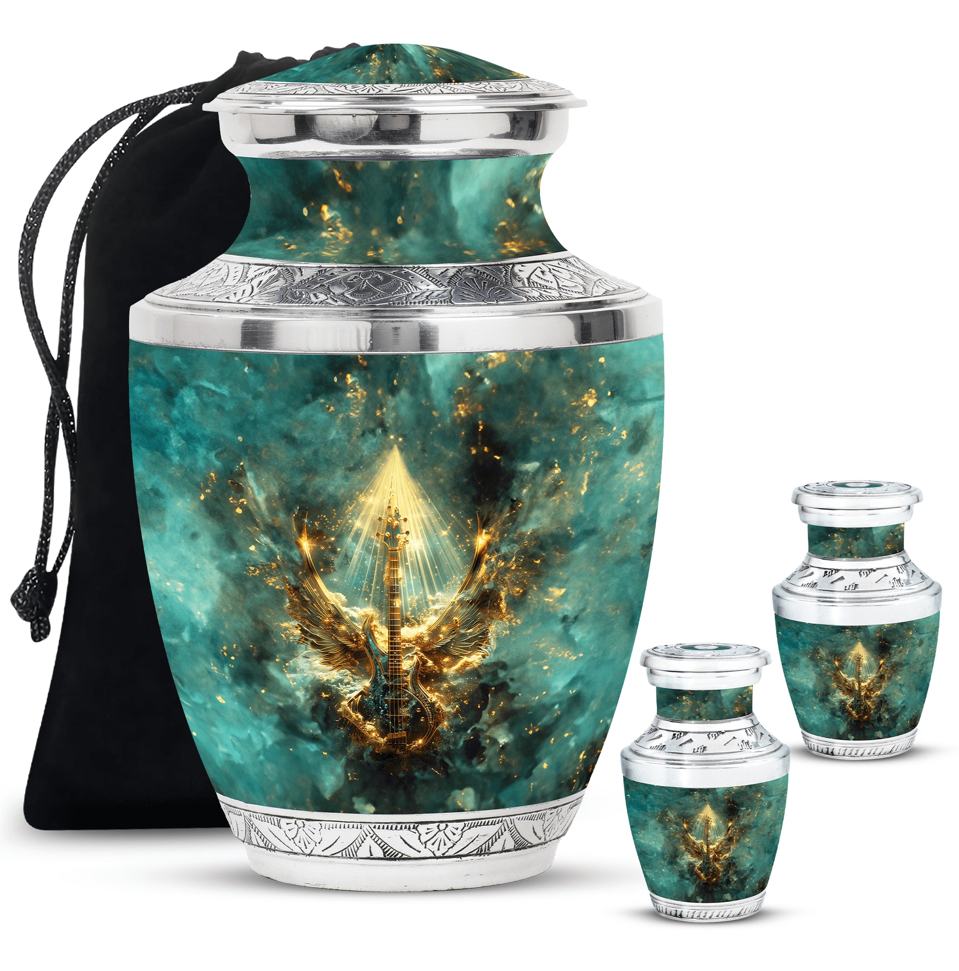 Guitar Theme Large Urn With 2 Keepsake Urn